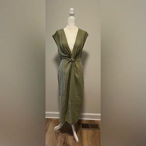 Zara shirtsleeve khaki linen dress with front twist and slit.